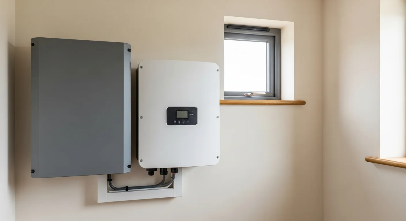 Wall-mounted home solar battery storage unit beside a white inverter in a tidy Irish utility room, soft natural daylight