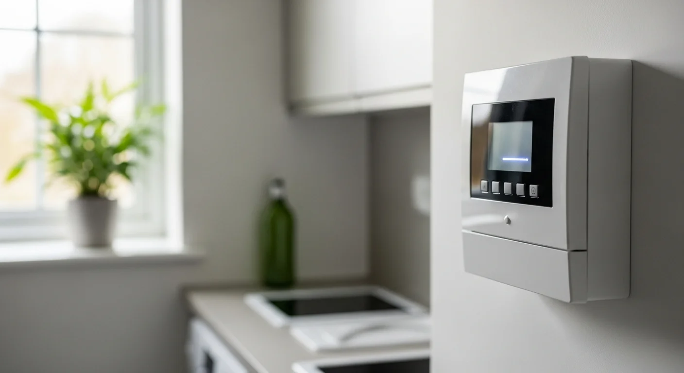 Modern white Irish smart electricity meter on a clean utility room wall in soft natural daylight