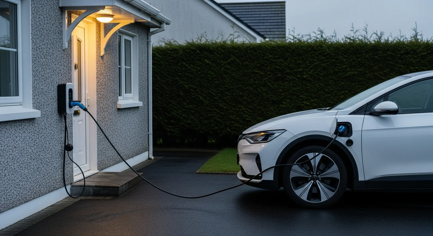 Electric car plugged into a wall-mounted home EV charger at the side of an Irish suburban semi-detached house at early evening