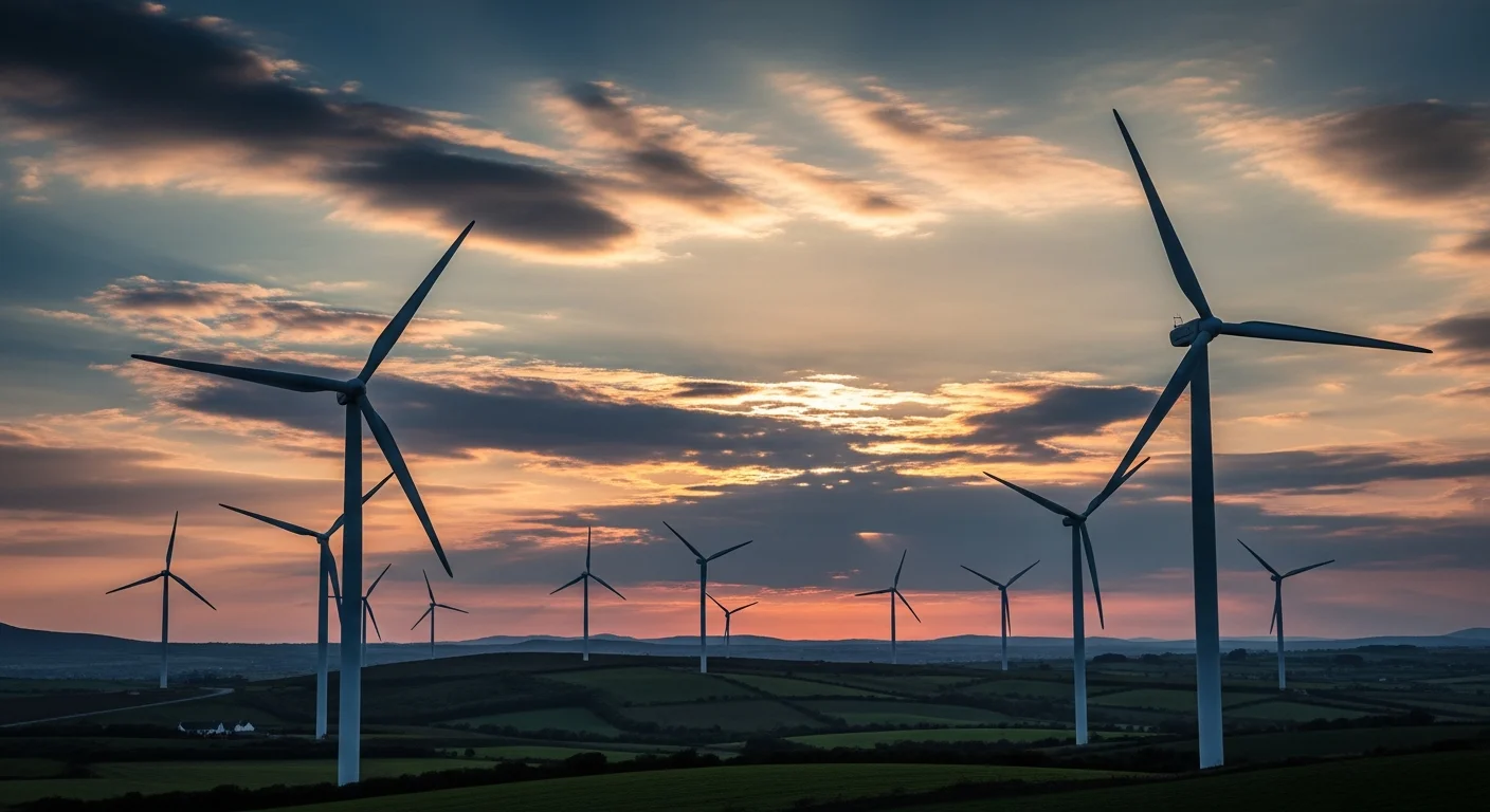 Irish onshore wind turbines silhouetted against a dramatic dusk sky over rolling green hills