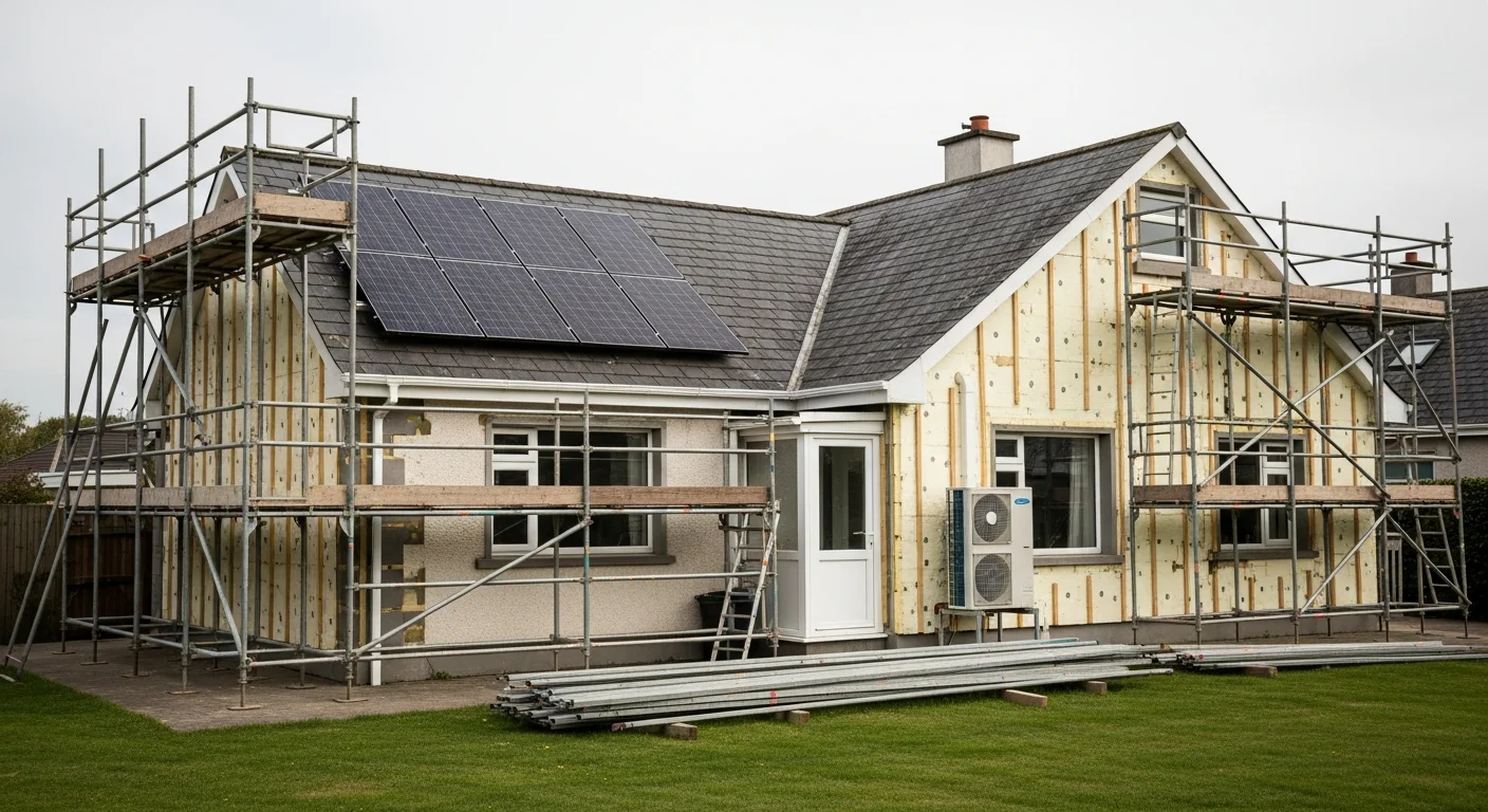 Typical 1970s Irish detached house mid-retrofit with scaffolding, external wall insulation, rooftop solar panels and a heat pump unit