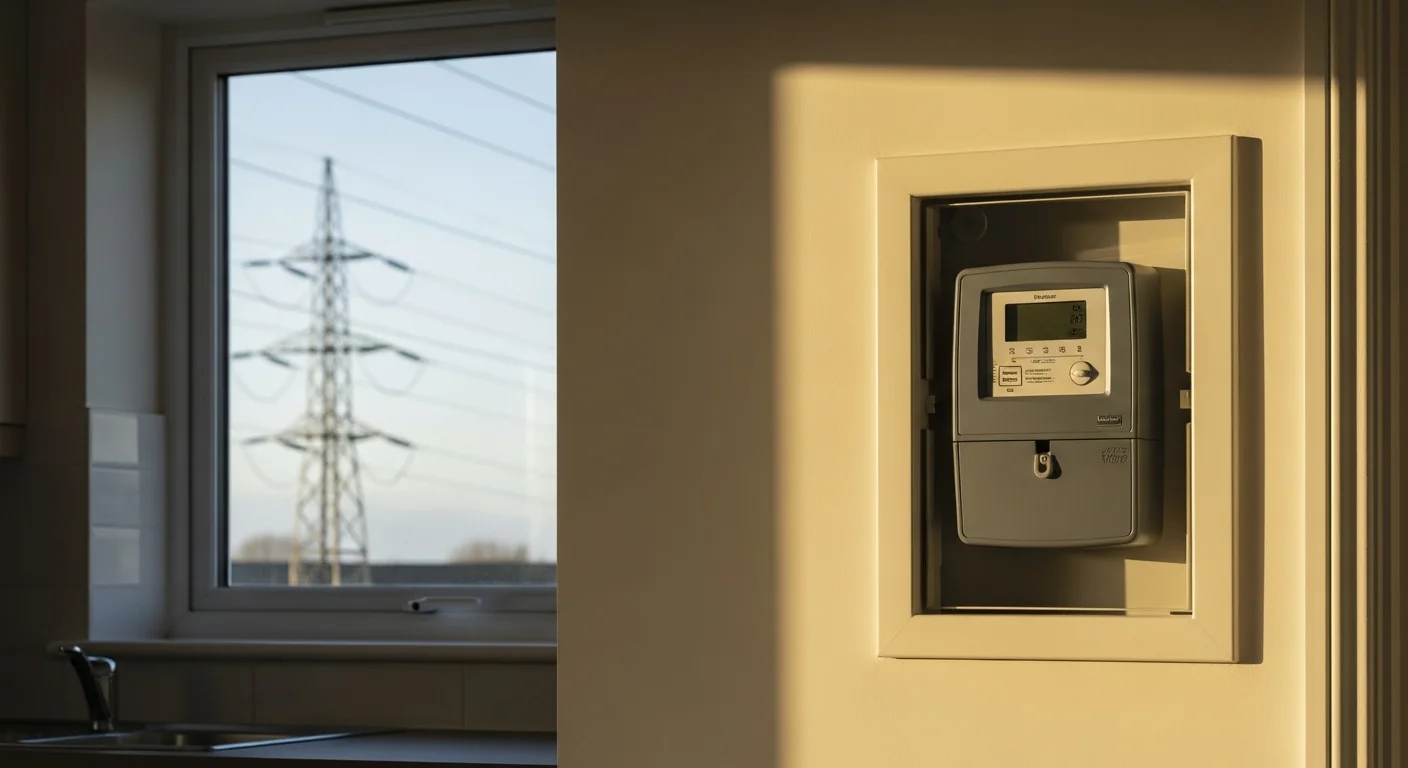 Irish smart electricity meter in a hallway meter box with overhead power lines visible through a kitchen window at golden hour