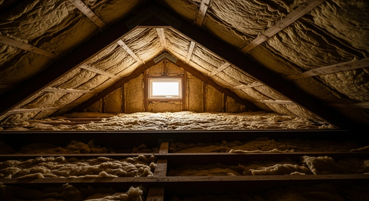 Looking up into a well-insulated Irish attic with thick mineral wool insulation laid between timber joists, soft daylight from a velux