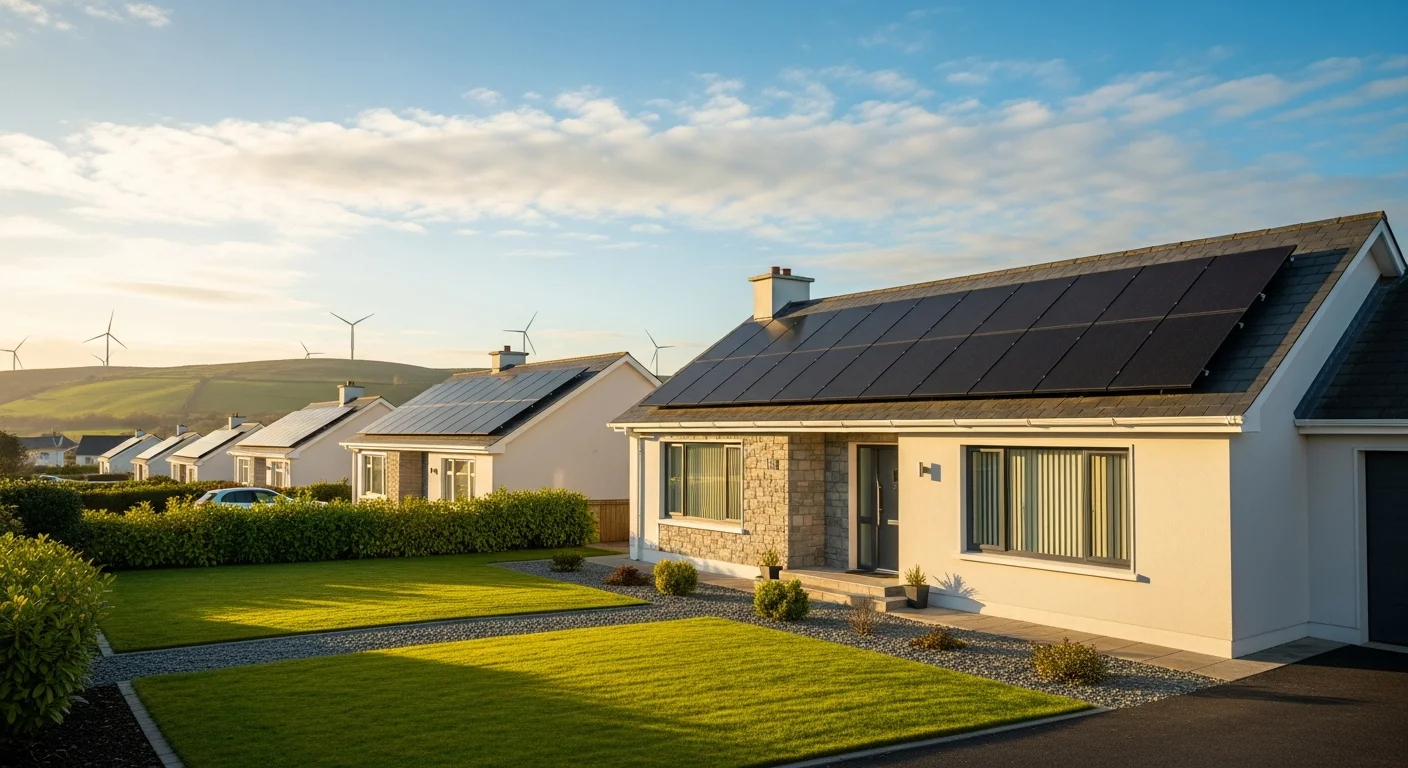 Modern Irish suburban family home at sunrise with sleek solar PV panels on the roof and distant onshore wind turbines on rolling green hills under a clear blue sky